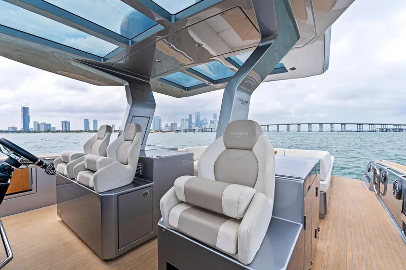Slide: The Image of Interior of 2023 Pardo Yachts 50 with luxurious seating and panoramic views. - 46