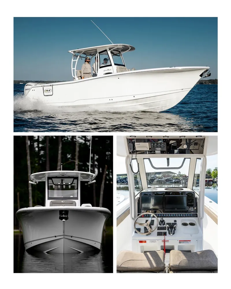 Slide: The Image of 2025 Sea Hunt GAMEFISH 28 boat on water, front view, and cockpit interior. - 8
