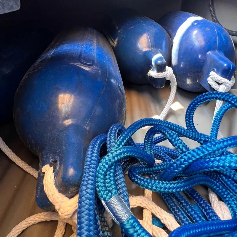 Slide: The Image of Blue boat fenders and ropes on a 2023 Sun Tracker Party Barge 18 DLX. - 20
