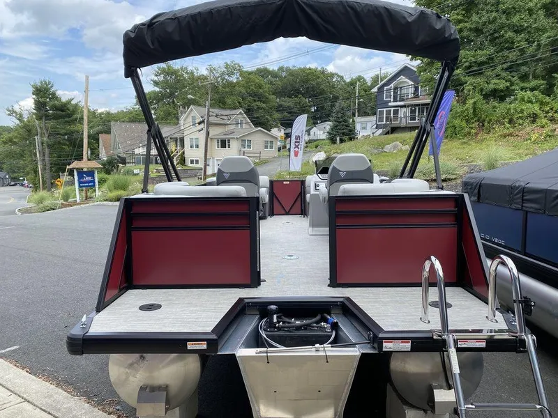 Slide: The Image of 2024 Viaggio Lago V-18U Bi-Toon pontoon boat with red and black accents. - 4
