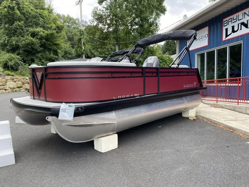 Slide: The Image of 2024 Viaggio Lago V-18U Bi-Toon pontoon boat displayed outdoors. - 5
