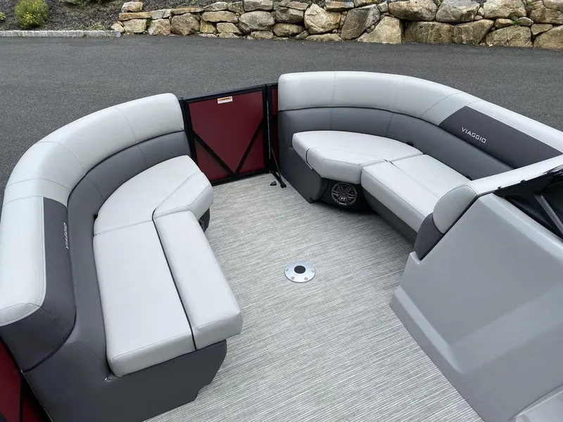 Slide: The Image of 2024 Viaggio Lago V-18U Bi-Toon boat interior with gray seating and modern design. - 8