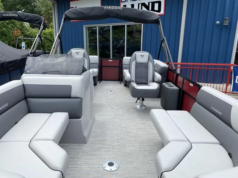 Slide: The Image of 2024 Viaggio Lago V-18U Bi-Toon pontoon boat with spacious seating and modern design. - 9