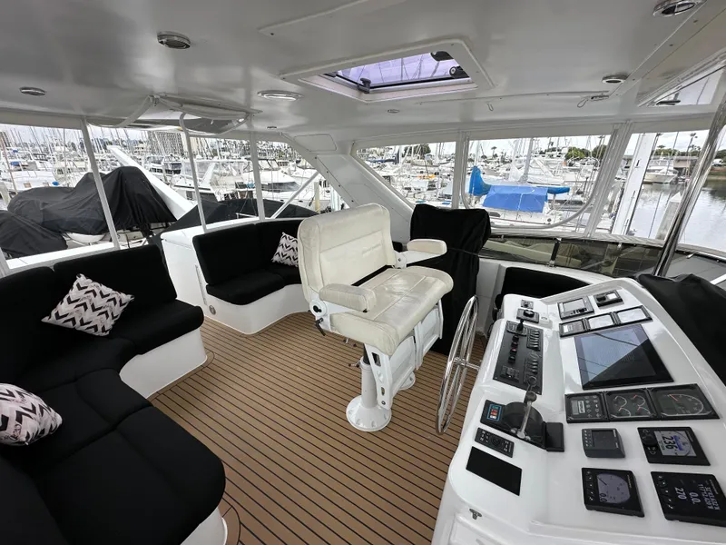 Slide: The Image of 1999 Queenship Cockpit Motoryacht interior with helm station and seating area. - 33