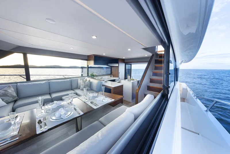 Slide: The Image of Luxurious interior of 2026 Maritimo M600 yacht with ocean view. - 9