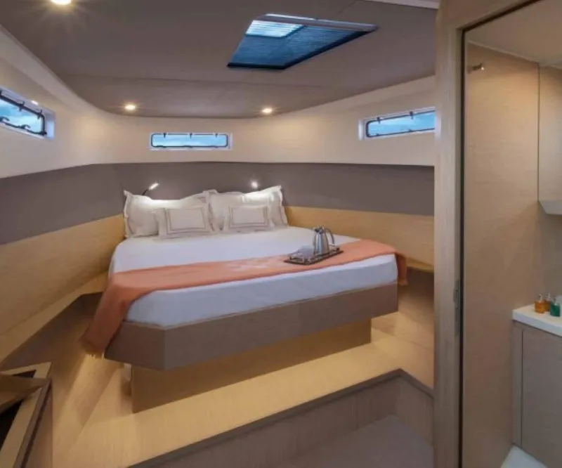Slide: The Image of Luxurious cabin interior of 2024 Solaris Power 40 Open yacht with skylight and modern design. - 3