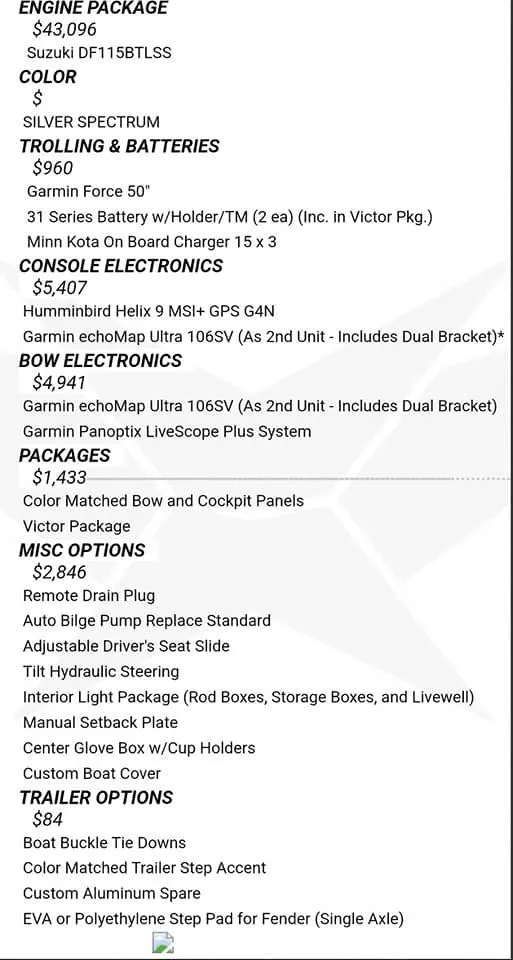 Slide: The Image of Vexus AVX1880 2024 model options list with engine, electronics, and accessories. - 2