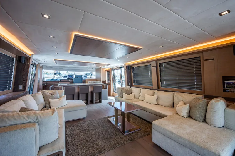 Slide: The Image of Luxurious interior of 2017 Monte Carlo Yachts MCY 80 Flybridge with modern furnishings. - 27