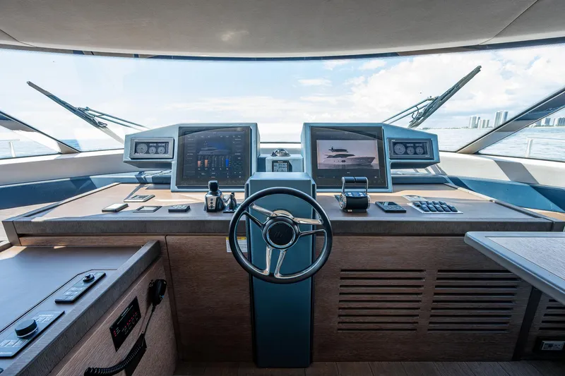 Slide: The Image of Cockpit of 2017 Monte Carlo Yachts MCY 80 Flybridge with modern navigation systems. - 41