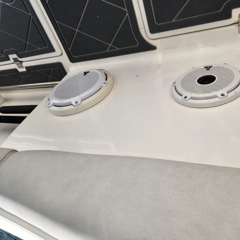 Slide: The Image of Sea Fox 328 Commander 2020 boat interior with speakers and storage compartments. - 24