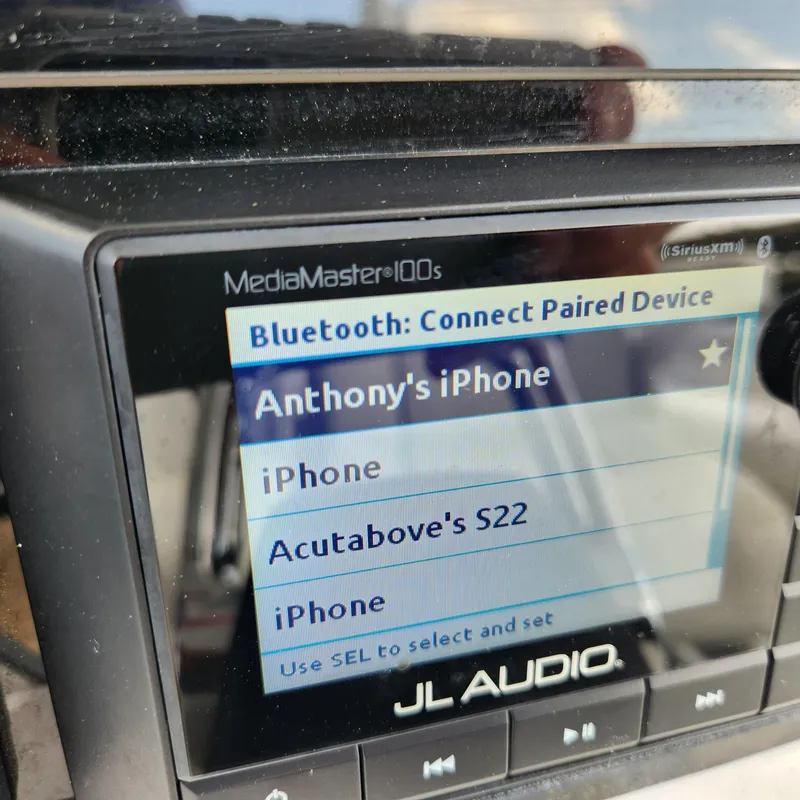 Slide: The Image of Bluetooth device selection screen on a 2020 Sea Fox 328 Commander boat's JL Audio MediaMaster 100s. - 29