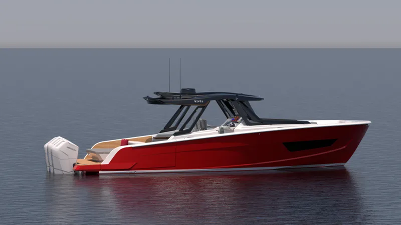 Slide: The Image of Custom 44S 2025 model luxury red motorboat on calm water. - 2