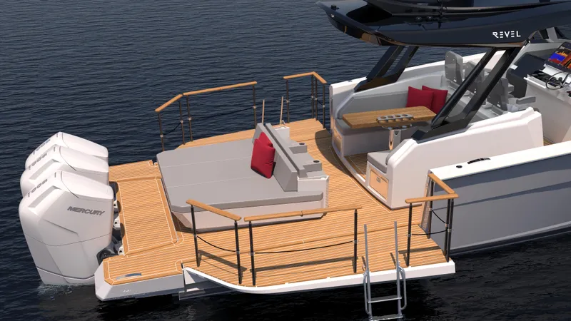 Slide: The Image of Custom 44S 2025 model luxury boat with twin Mercury outboard engines. - 4