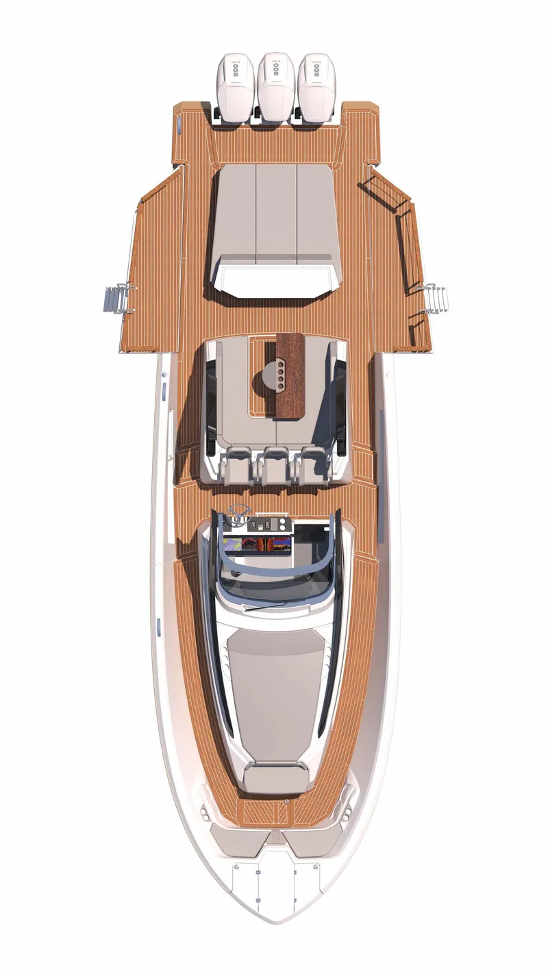 Slide: The Image of Top view of 2025 Custom 44S luxury yacht with triple outboard engines. - 9