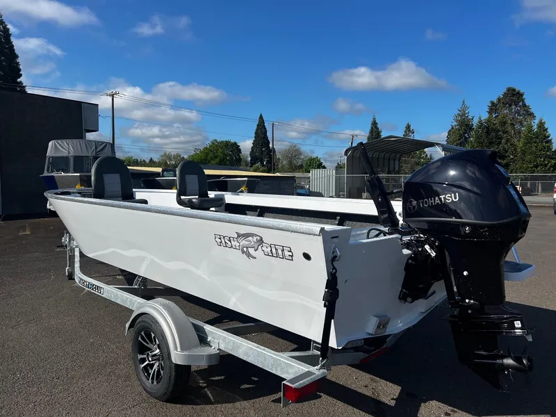Slide: The Image of 2024 Fish Rite Angler 18 boat with Tohatsu outboard motor on trailer. - 4