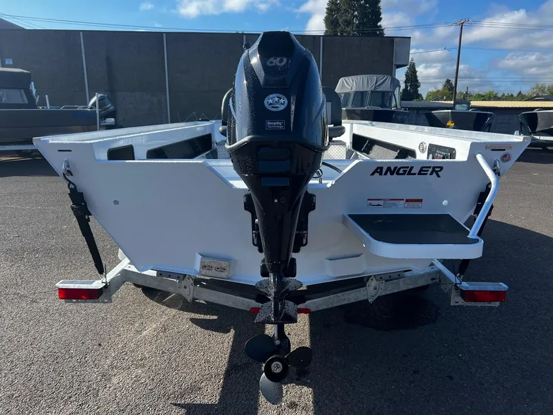 Slide: The Image of 2024 Fish Rite Angler 18 boat rear view with outboard motor. - 5