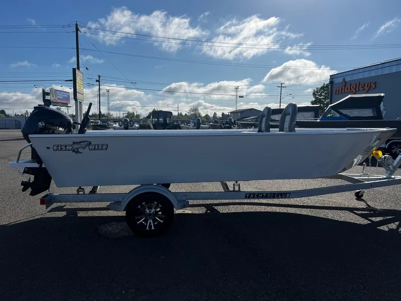 Slide: The Image of 2024 Fish Rite Angler 18 boat on a trailer in a parking lot. - 7