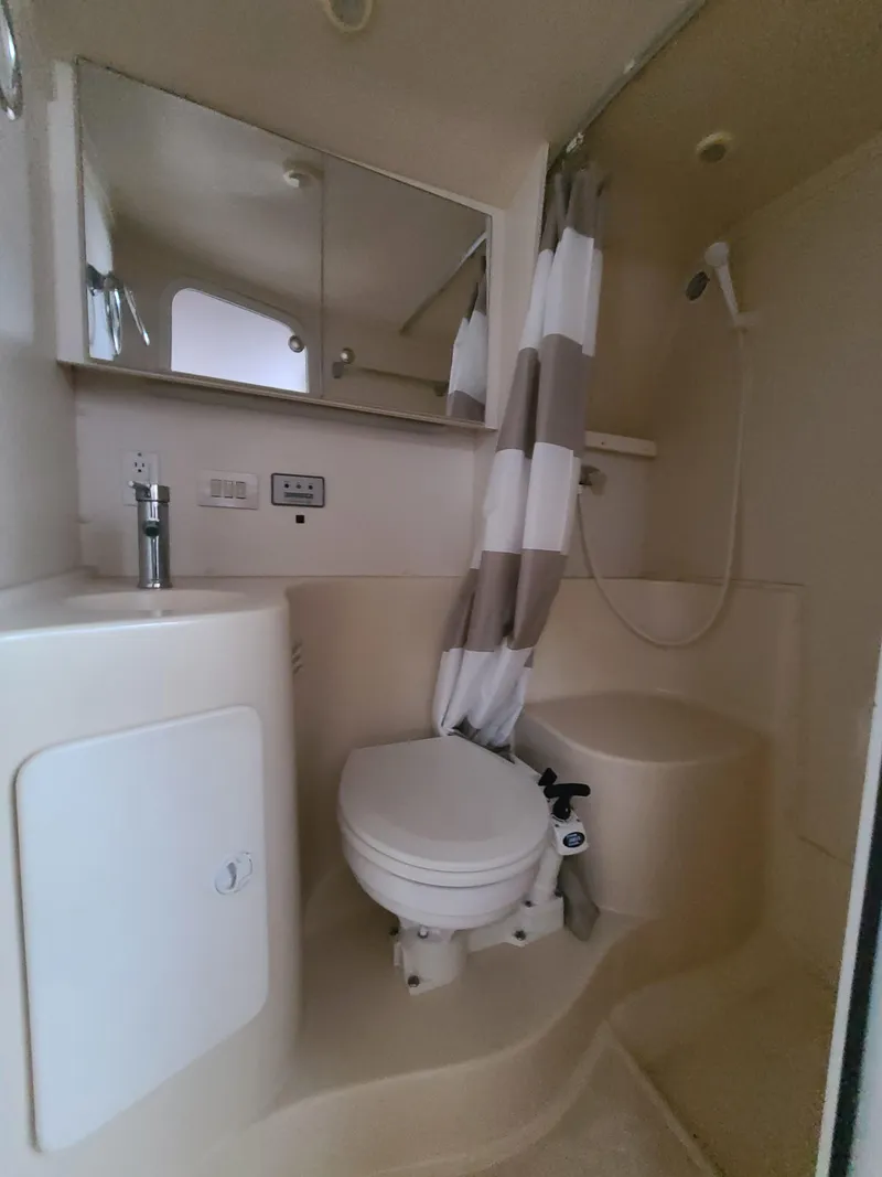 Slide: The Image of Compact bathroom in a 1995 Cruisers Rogue boat with shower, toilet, and sink. - 17
