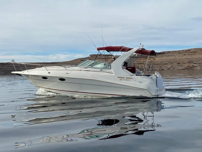 Slide: The Image of 1995 Cruisers Rogue boat cruising on calm water with scenic background. - 21