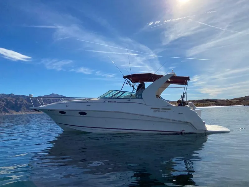 Slide: The Image of 1995 Cruisers Rogue boat on calm water under a clear blue sky. - 22