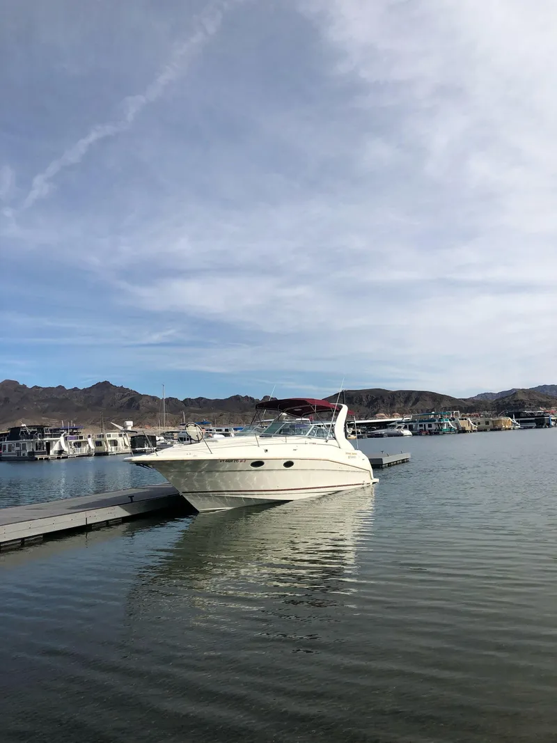 Slide: The Image of 1995 Cruisers Rogue boat docked on a serene lake with mountains in the background. - 23
