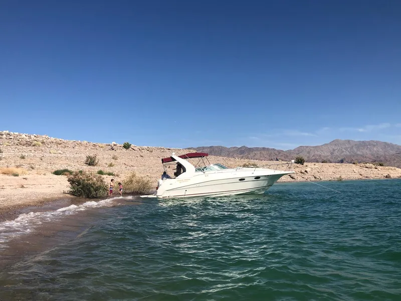Slide: The Image of 1995 Cruisers Rogue boat beached on a sunny, rocky shoreline with clear blue water. - 25