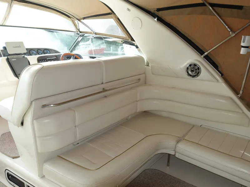 Slide: The Image of Interior of 1996 Sea Ray 370 Sundancer with white leather seating. - 5