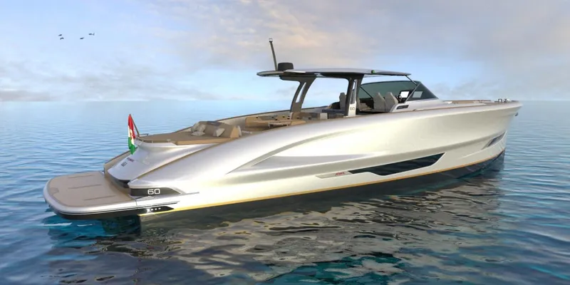 Slide: The Image of 2024 Solaris Power 60 Open luxury yacht on calm ocean waters. - 2