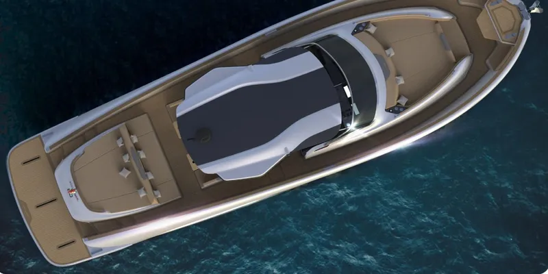 Slide: The Image of Top view of 2024 Solaris Power 60 Open luxury yacht on the water. - 6