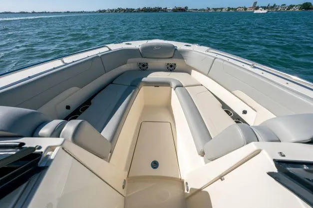 Slide: The Image of 2021 Scout 277 Dorado boat interior with spacious seating on the water. - 18