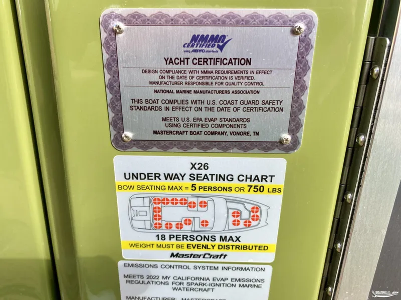 Slide: The Image of 2022 MasterCraft X26 yacht certification and seating chart. - 21