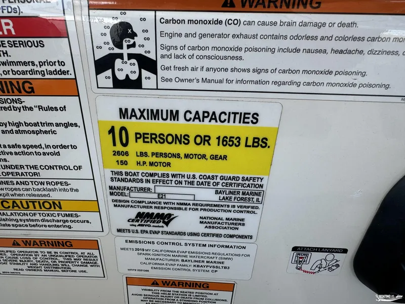 Slide: The Image of Warning label on 2020 Bayliner E21 boat, maximum capacity 10 persons or 1653 lbs. - 10