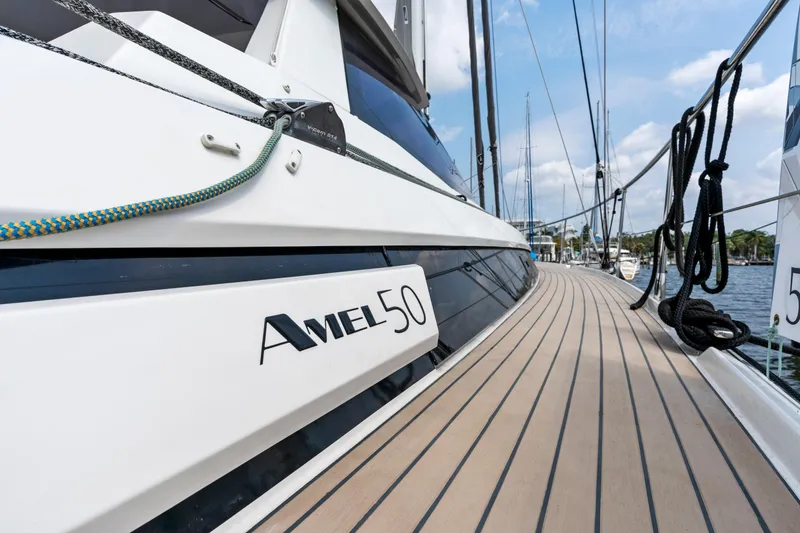 Slide: The Image of Amel 50 sailboat, 2019 model, on a sunny deck. - 21
