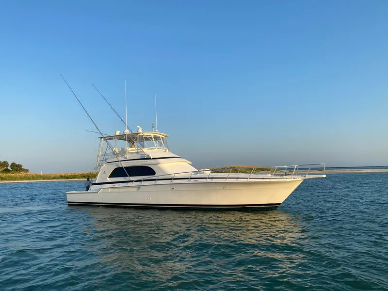 Slide: The Image of 1999 Bertram 60 Convertible yacht on calm waters under clear blue sky. - 17