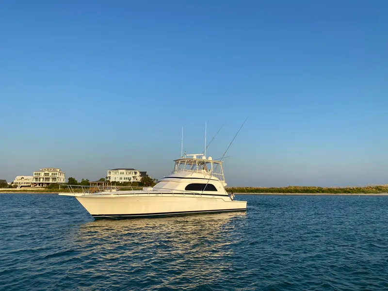 Slide: The Image of 1999 Bertram 60 Convertible yacht on calm water near shoreline. - 18