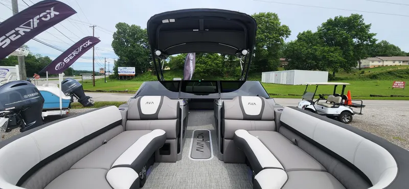 Slide: The Image of 2024 Avalon Windshield Catalina 2585 pontoon boat interior with spacious seating. - 6