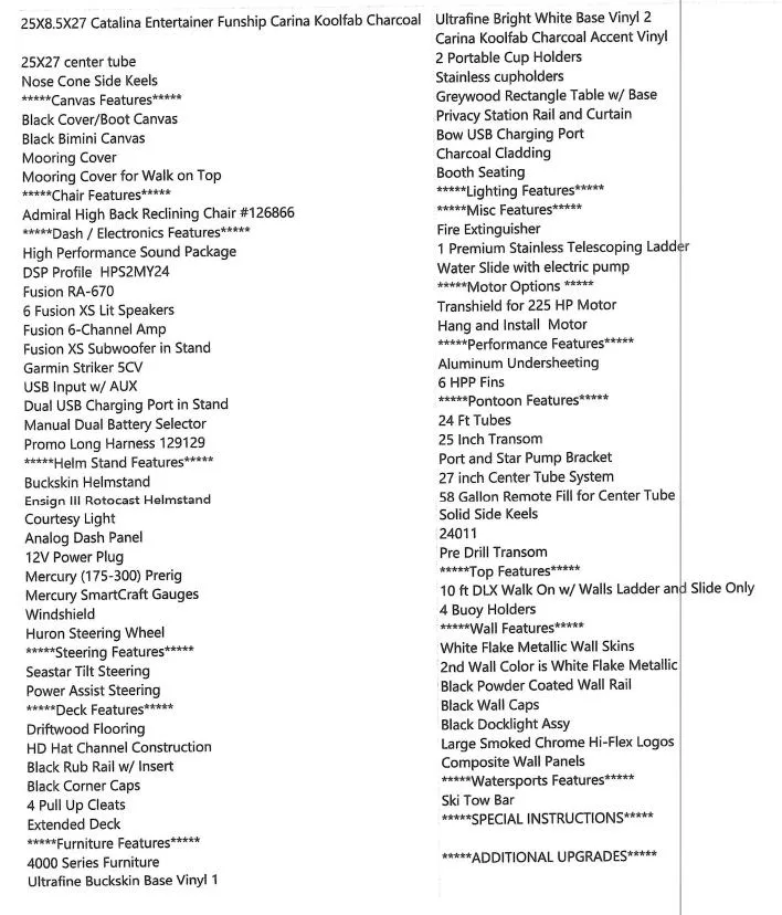 Slide: The Image of 2024 Avalon Catalina Entertainer Funship features and specifications list. - 23