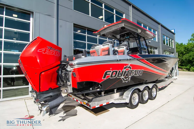 Slide: The Image of 2021 Fountain 38 SC boat with Mercury 450R engines on a trailer. - 4