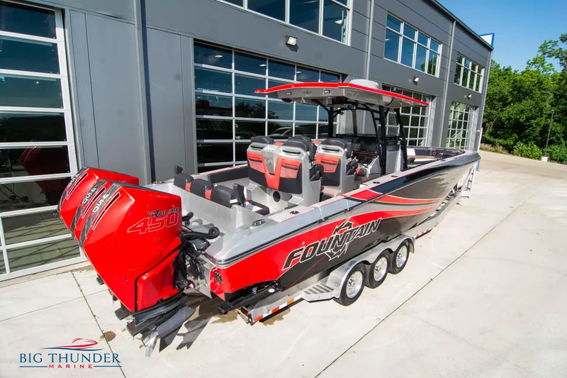 Slide: The Image of 2021 Fountain 38 SC boat with triple outboard engines at Big Thunder Marine. - 5