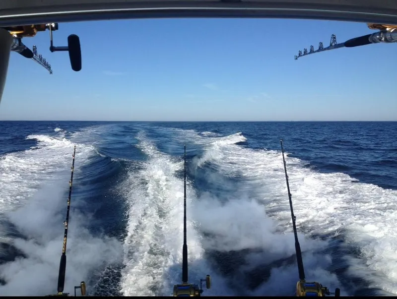 Slide: The Image of Alt text: "View from Wellcraft 330 Coastal boat, fishing rods, ocean waves, clear blue sky." - 32