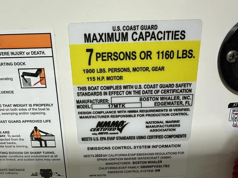 Slide: The Image of Boston Whaler 170 Montauk 2025 capacity label: 7 persons or 1160 lbs, 115 HP motor. - 12