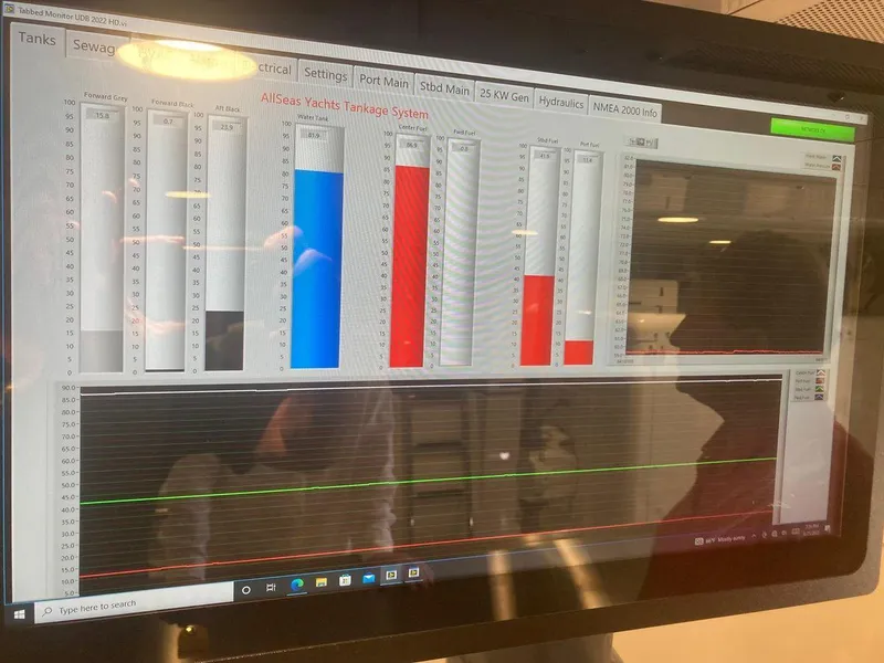 Slide: The Image of Allseas Expedition 92 yacht tankage system display, 2016 model, showing various tank levels. - 45