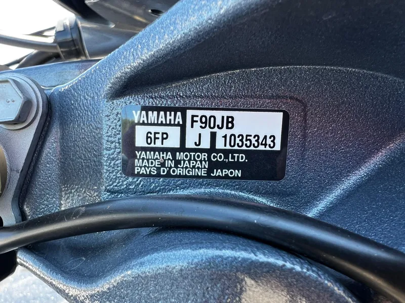 Slide: The Image of Yamaha F90JB engine label on a 2024 Fish Rite Angler boat. - 31