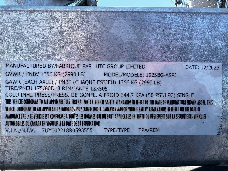 Slide: The Image of 2024 Fish Rite Angler trailer specifications label with weight, tire, and safety information. - 32