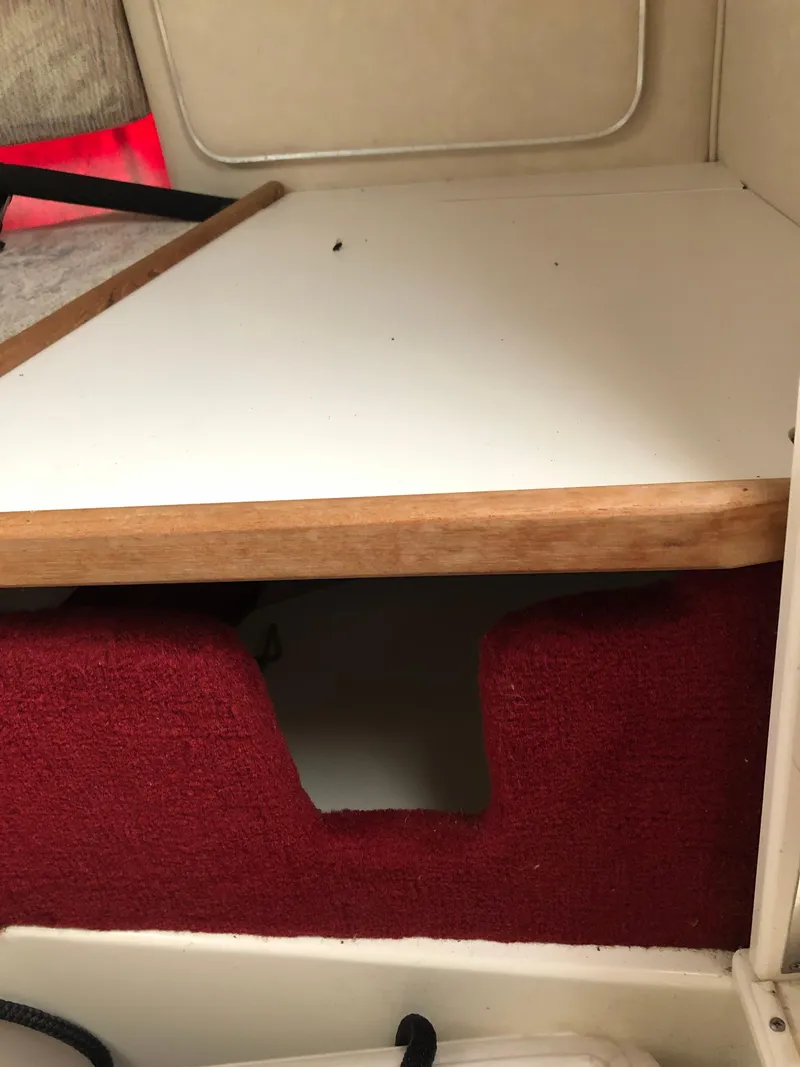 Slide: The Image of Interior of a 1994 Sea Ray Overnighter boat with red carpeted storage area. - 29