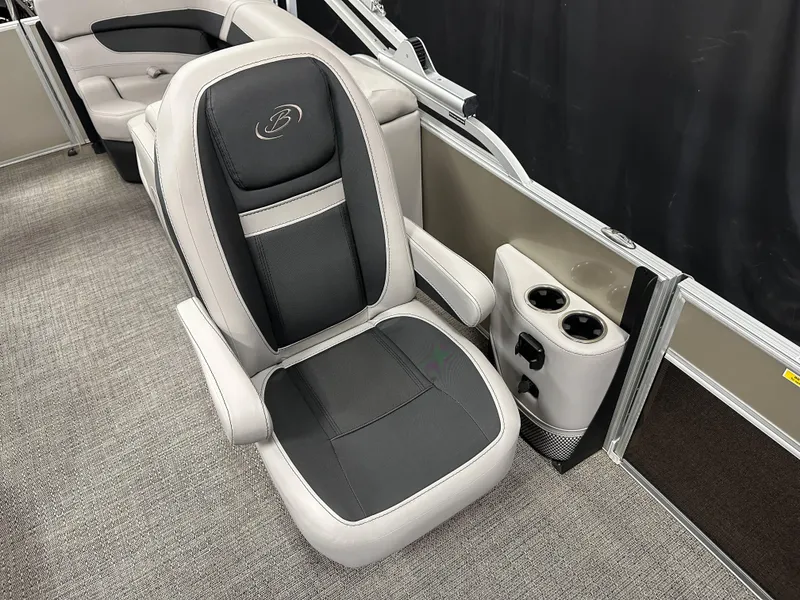 Slide: The Image of 2025 Barletta Cabrio 22QC boat seat with cup holders, featuring sleek black and gray design. - 15