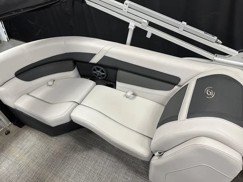 Slide: The Image of 2025 Barletta Cabrio 22QC boat interior with luxurious seating and modern design. - 23
