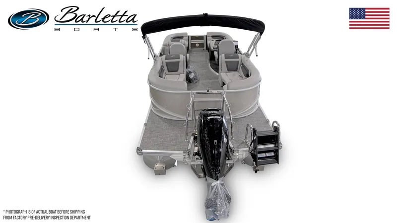 Slide: The Image of 2025 Barletta Cabrio 22QC pontoon boat, rear view, with American flag and logo. - 27