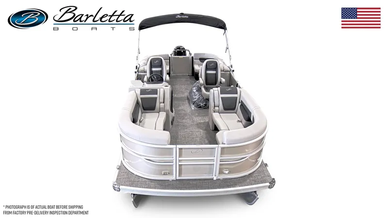 Slide: The Image of 2025 Barletta Cabrio 22QC pontoon boat, spacious seating, elegant design, American flag. - 30
