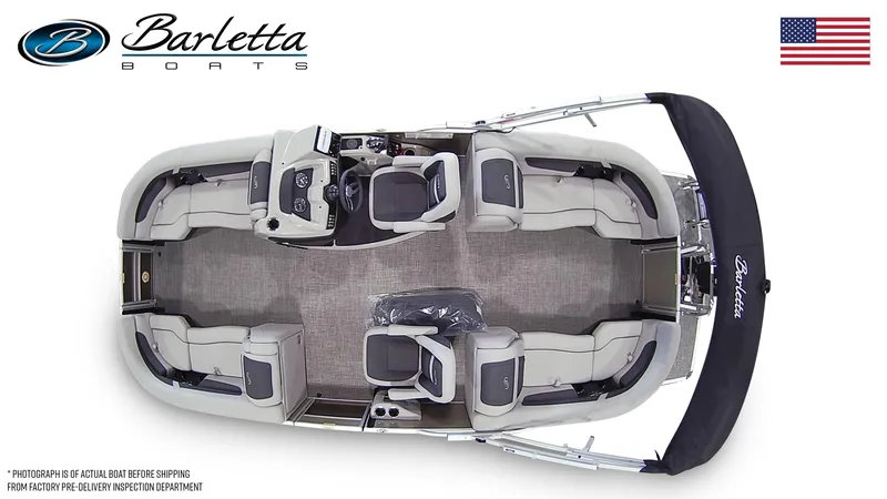 Slide: The Image of 2025 Barletta Cabrio 22QC pontoon boat interior layout, top view, with seating and helm. - 31